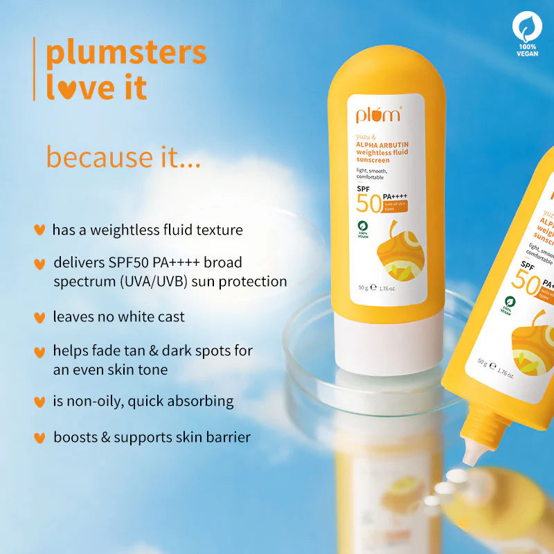 Plum Yuzu & Alpha Arbutin Weightless Fluid Sunscreen SPF 50 PA++++ - 50 gm
