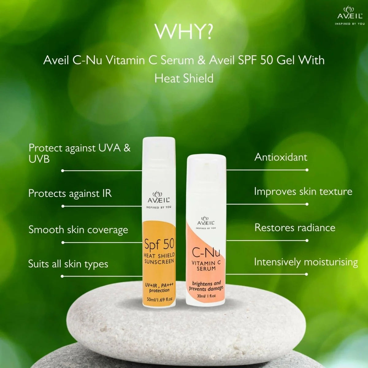 Aveil Heat Shield SPF 50 Gel Sunscreen & C-Nu Vitamin C Face Serum Combo - combo