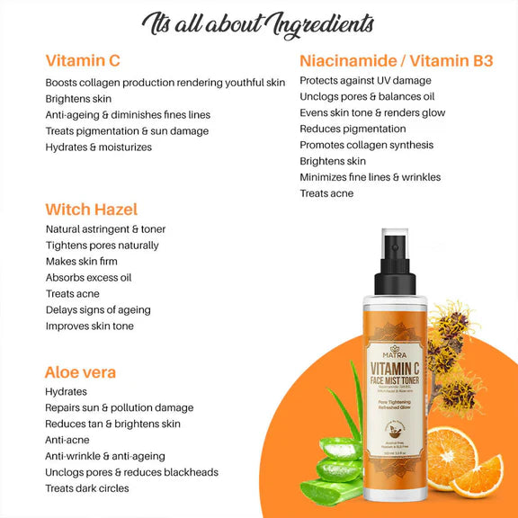 Matra Vitamin C Face Mist Toner with Niacinamide (vit B3) Witch Hazel And Aloe Vera - 100 ml