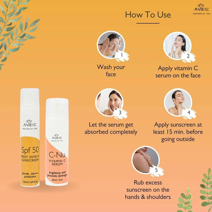 Aveil Heat Shield SPF 50 Gel Sunscreen & C-Nu Vitamin C Face Serum Combo - combo