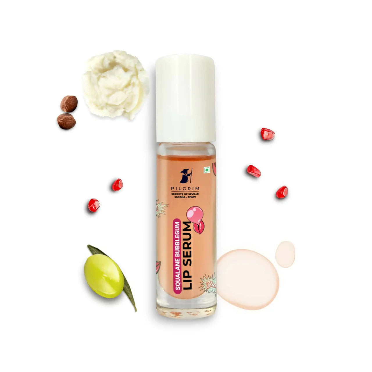 Pilgrim Spanish Lip Serum (Bubblegum) with Roll-on For Visibly Plump Lips, Hydrating Lip Serum For Dark Lips