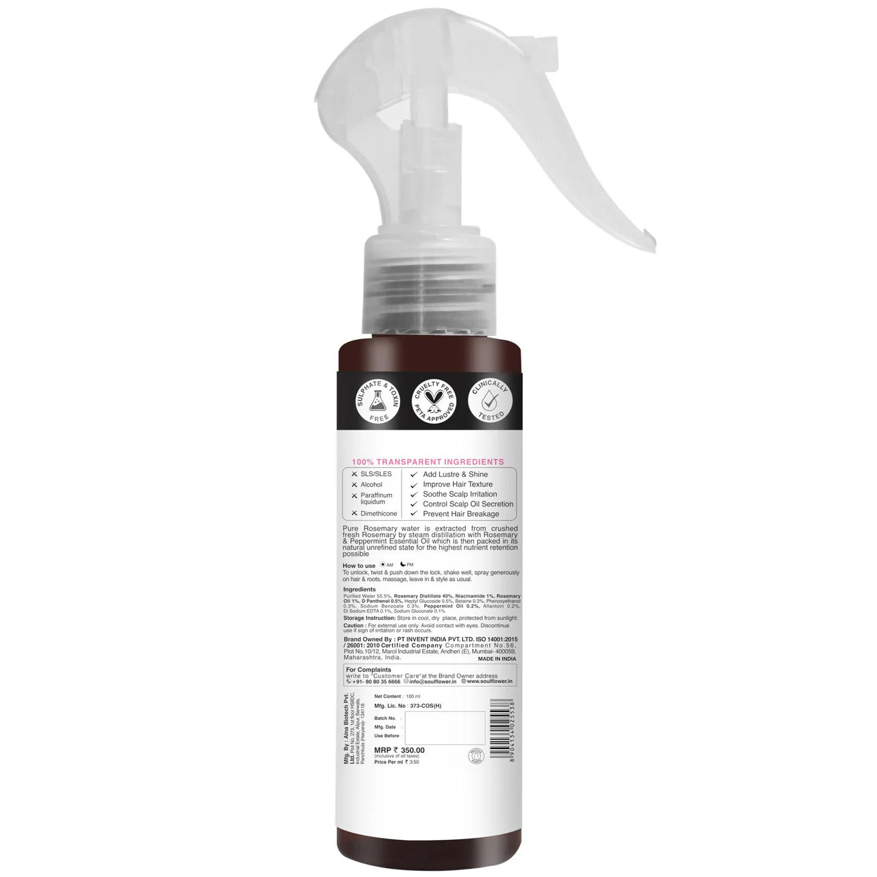 Soulflower Rosemary Water Spray with Mint For Hair growth, Hair fall control, Scalp health, Hair damage protection, Anti frizz