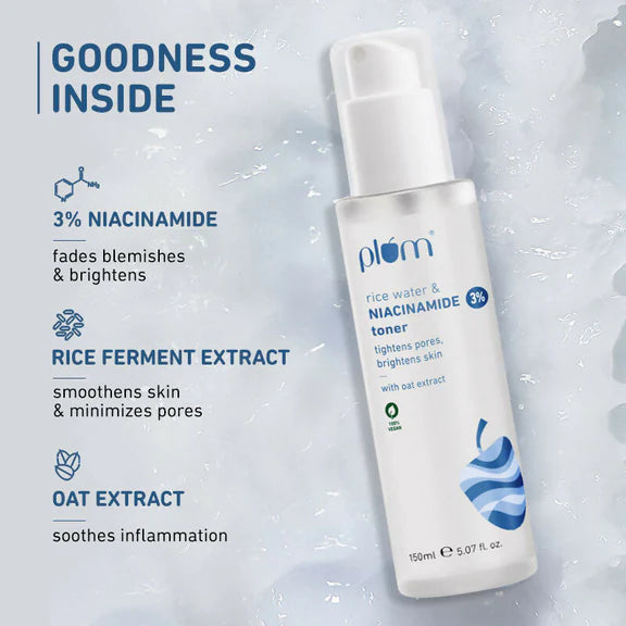 Plum 3% Niacinamide Alcohol-Free Toner With Rice Water and 10% Niacinamide Brightening Face Serum Combo - combo