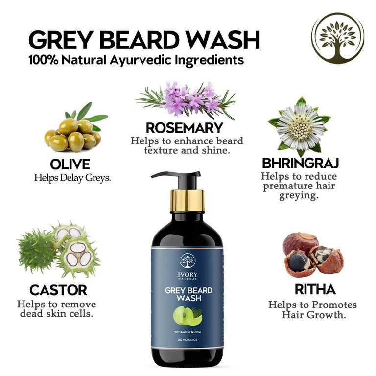 Ivory Natural Grey Beard Wash For Beard Graying And Restoring Beard'S Natural Black Shade - 200 ml