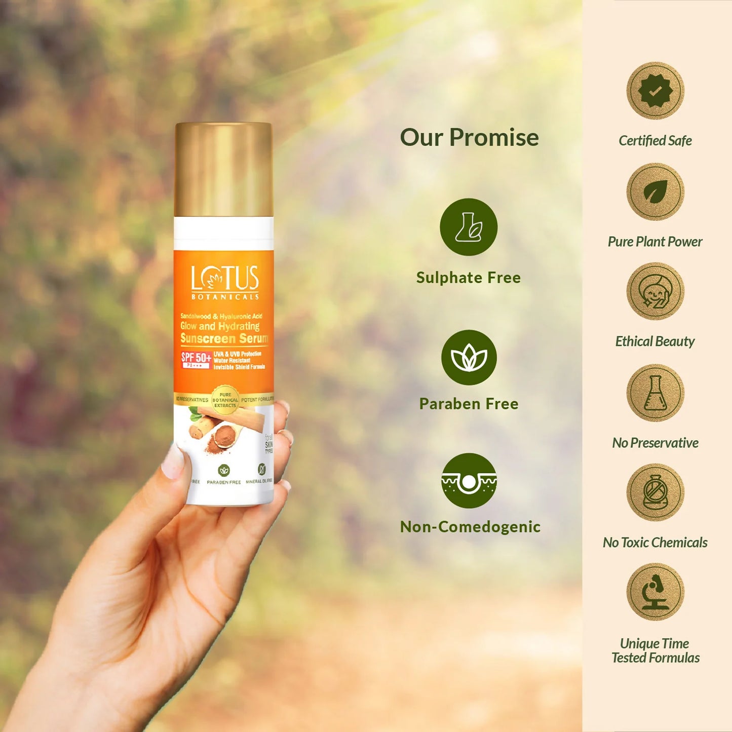 Lotus Botanicals Sandalwood & Hyaluronic Acid Glow and Hydrating Sunscreen Serum, SPF 50+, PA+++ - 30 ml