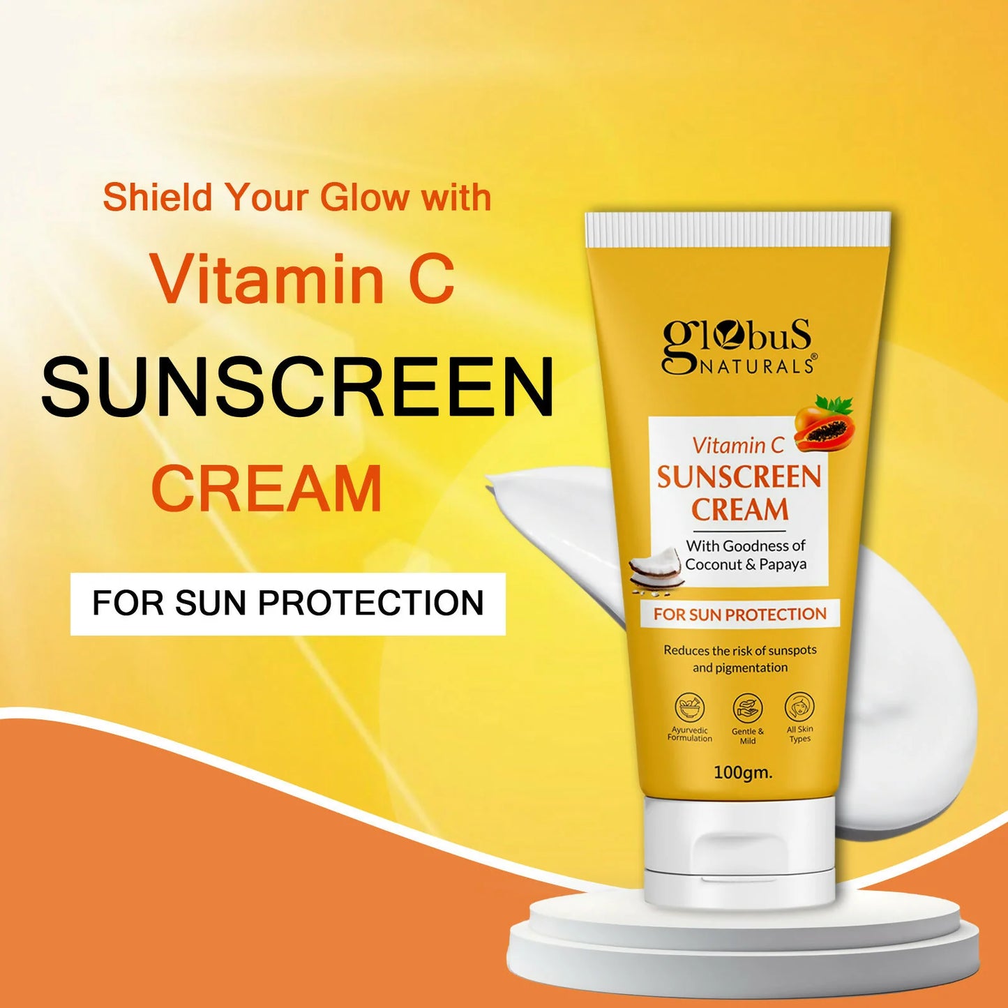 Globus Naturals Vitamin C Sunscreen Cream with Goodness of Coconut & Papaya For Sun Protection All Skin Types - 100 gm