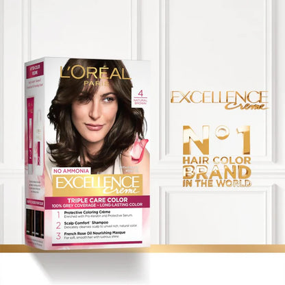 L'Oreal Paris Excellence Creme Hair Color, 4 Natural Brown - 72ml+100g