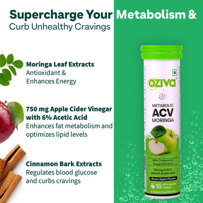 OZiva ACV Moringa For Weight Loss 3-in-1 Fat Oxidation Formula Tablets -Pack of 2 - 15 tabs