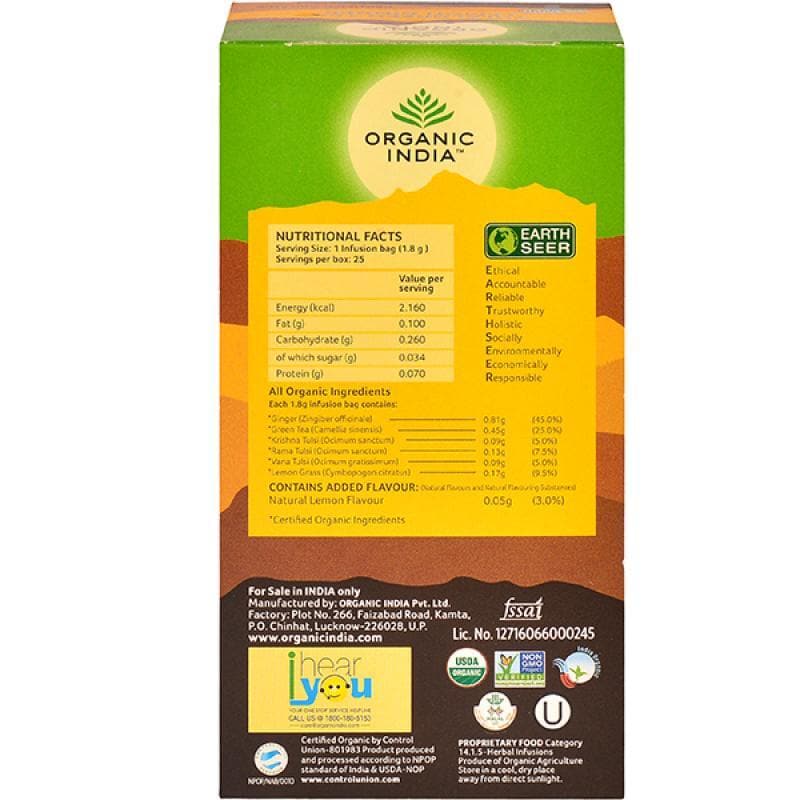 Organic India Tulsi Green Tea Lemon Ginger Tea Bags