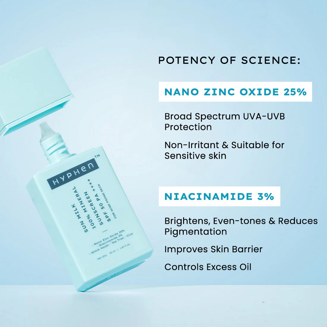 Hyphen Sun Milk 100% Mineral Sunscreen SPF 50 PA++++ 25% Nano Zinc Oxide For Acne Prone, Oily Skin - 50 ml