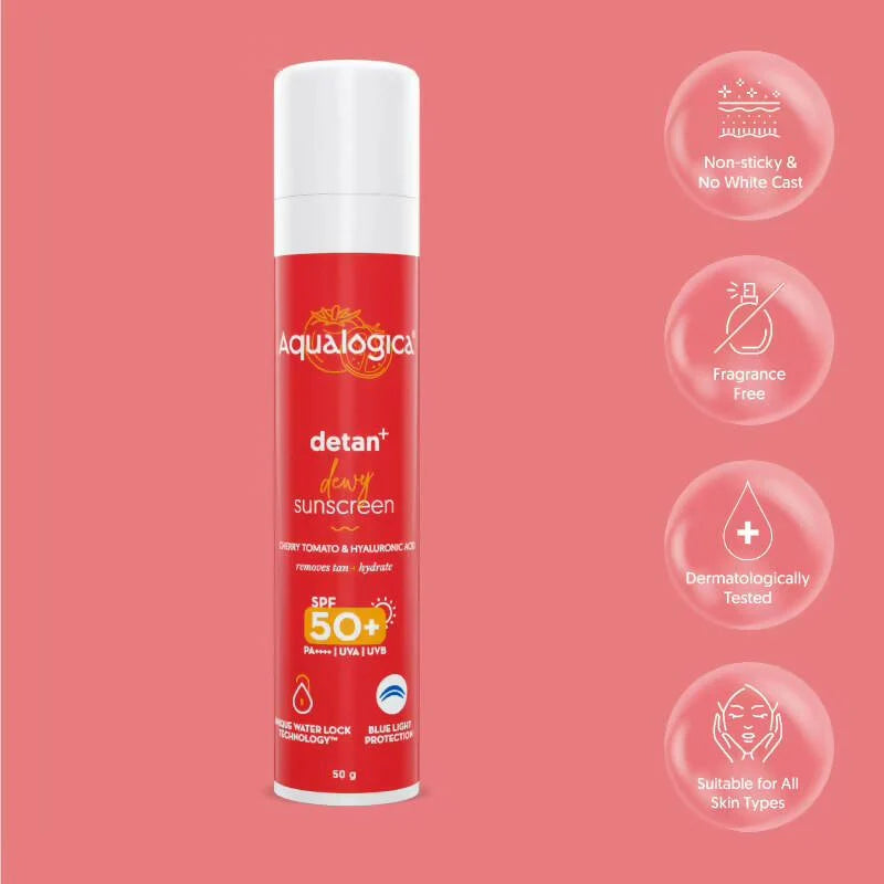 Aqualogica Detan + Dewy Sunscreen With Cherry Tomato & Hyaluronic Acid, SPF 50+ & PA++++ - 50 gm