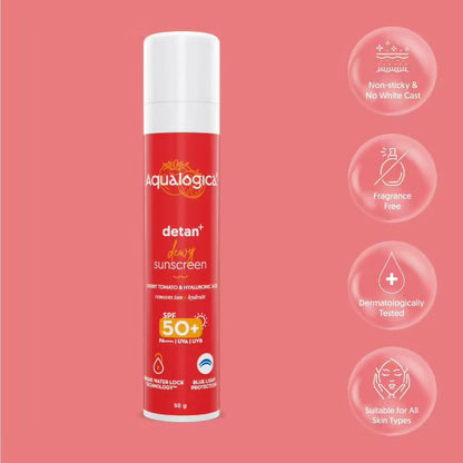 Aqualogica Detan + Dewy Sunscreen With Cherry Tomato & Hyaluronic Acid, SPF 50+ & PA++++ - 50 gm