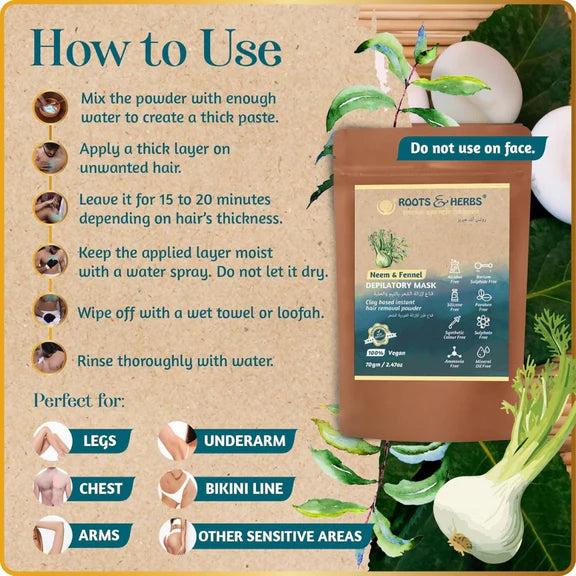 Roots and Herbs Neem and Fennel Depilatory Ubtan for Hair Removal - 70 gm