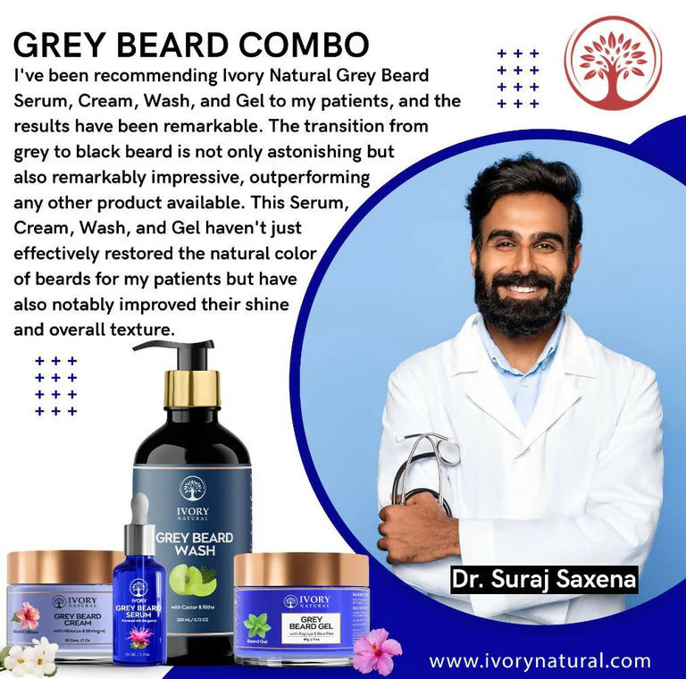 Ivory Natural Grey Beard Combo (Serum, Cream, Wash & Gel) Restore Your Silver Beard To Natural Color - combo