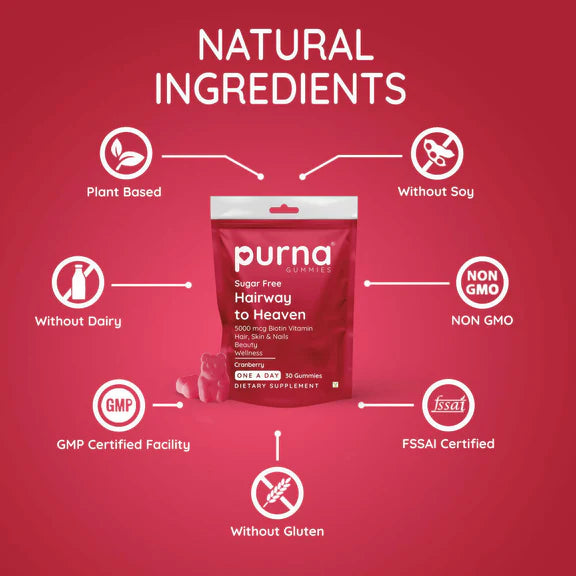 Purna Gummies Hair Biotin Cranberry Sugar Free Gummies with Vitamin B12 for Hair & Nail - 30 gummies