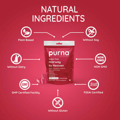 Purna Gummies Hair Biotin Cranberry Sugar Free Gummies with Vitamin B12 for Hair & Nail - 30 gummies