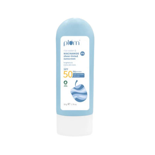 Plum Rice Water & 3% NiacinamiPlum Rice Water & 3% Niacinamide Sheer-Tinted Sunscreen With SPF 50 PA++++ For Oily To Normal Skin - 50 gmde Sheer-Tinted Sunscreen With SPF 50 PA++++ For Oily To Normal Skin - 50 gm