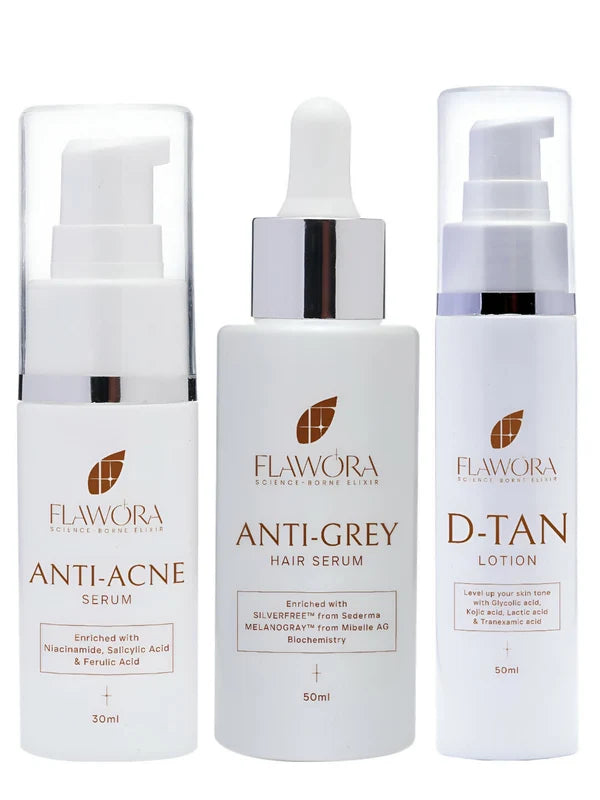 Flawora Set of Anti-Grey Hair Serum, Anti Acne Serum and D-Tan Lotion - combo