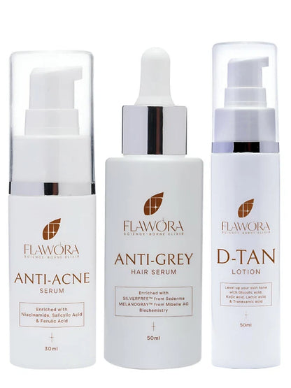 Flawora Set of Anti-Grey Hair Serum, Anti Acne Serum and D-Tan Lotion - combo