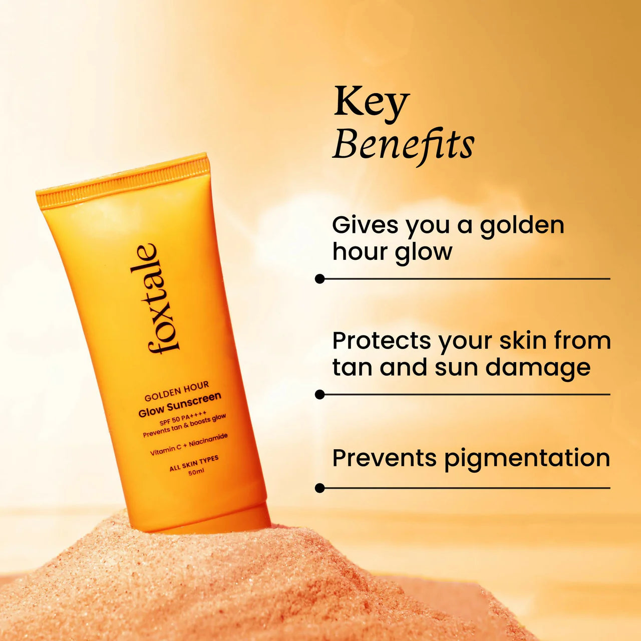 Foxtale Glow Sunscreen SPF 50 PA++++ Lightweight With Vitamin C And Niacinamide For a Dewy Glow, UVA And UVB Filters Prevents Tan