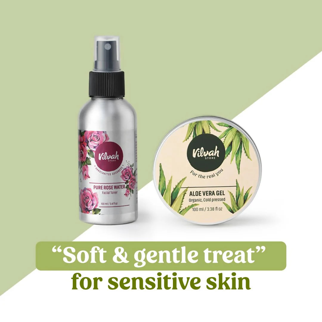 Vilvah Store Sensitive Skin Combo, Aloe Vera Gel + Rose Water For Skin