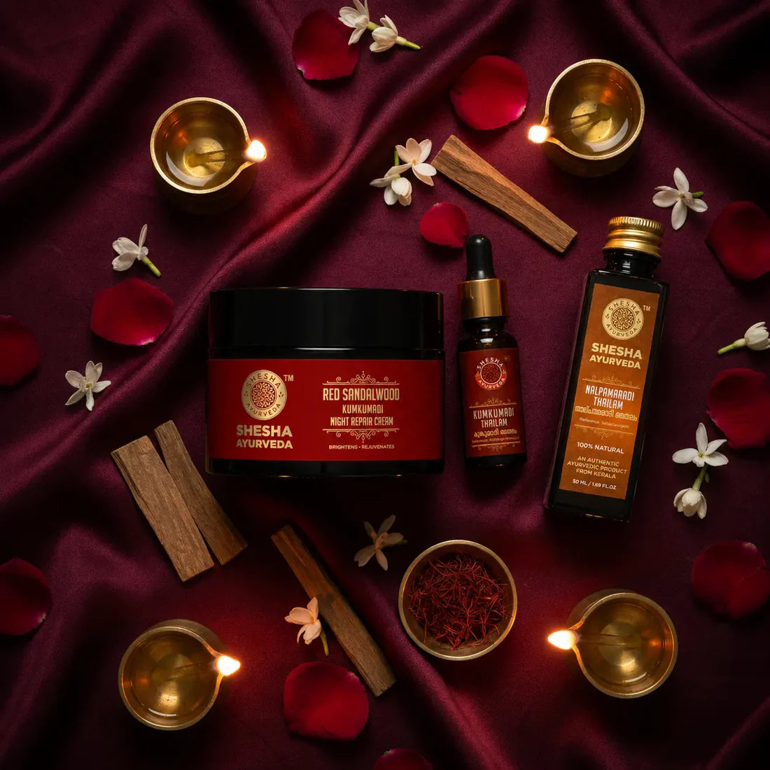 Night Goddess Kit | Red Sandalwood Night Cream 50G + Kumkumadi Thailam 5ML + Nalpamaradi Oil 50ML