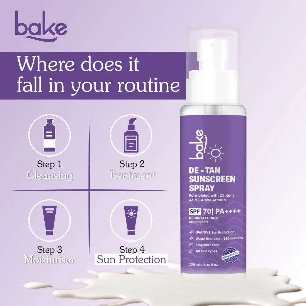 Bake De-tan Waterproof Sunscreen Spray SPF 70 PA+++ with 2% Kojic Acid - 100 ml