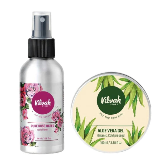 Vilvah Store Sensitive Skin Combo, Aloe Vera Gel + Rose Water For Skin