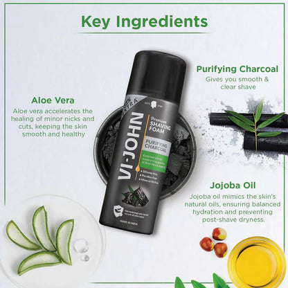 VI-JOHN Dermatologically Tested Premium Purifying Charcoal Shaving Foam Enriched with Aloevera & Jojoba Oil Free From Silicone, Paraben & Mineral Oil - 200 gm
