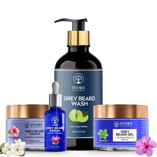 Ivory Natural Grey Beard Combo (Serum, Cream, Wash & Gel) Restore Your Silver Beard To Natural Color - combo