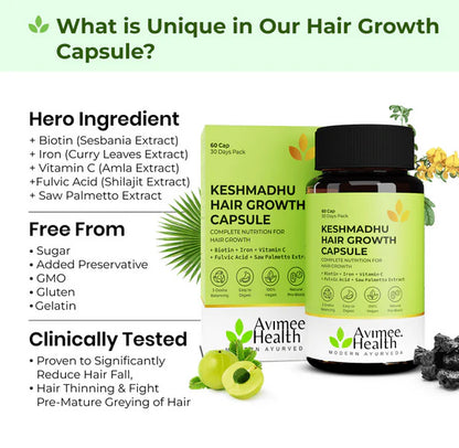Avimee Herbal Keshmadhu Hair Growth Capsule with Biotin - 60 caps
