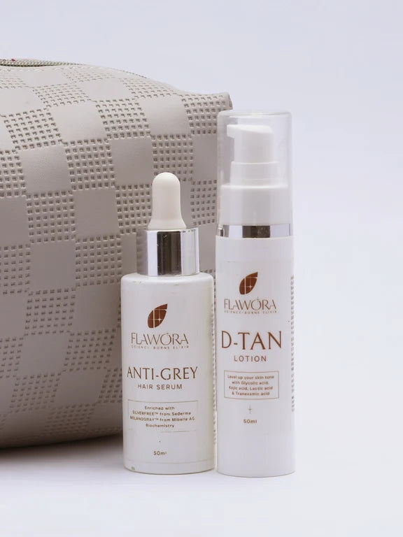 Flawora Set of Anti-Grey Hair Serum and D-Tan Lotion - combo