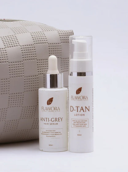 Flawora Set of Anti-Grey Hair Serum and D-Tan Lotion - combo