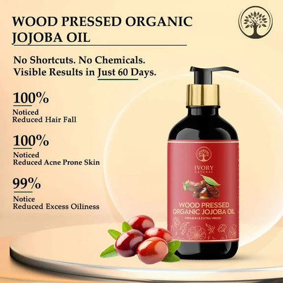 Ivory Natural Wood Pressed Organic Jojoba Oil Premium & Extra Virgin For Smooth Dry Skin, Avoid Flakiness, & Improve Skin Elasticity - 200 ml
