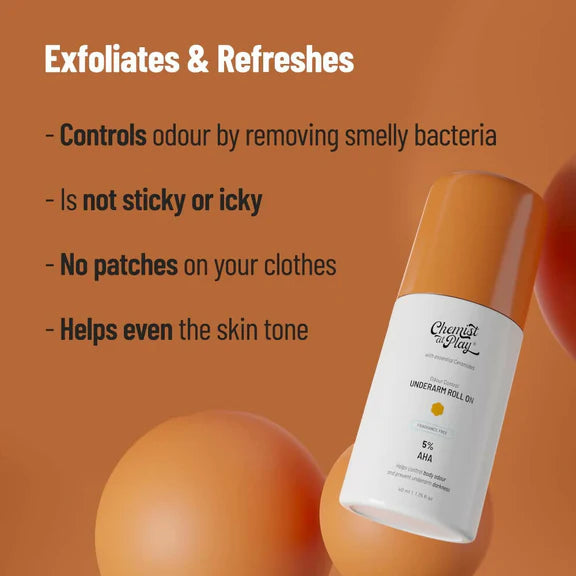 Chemist at Play UnderArm Roll On Fragrance Free, Prevents Body Odour, Brightens Skin & Exfoliates Underarm - 40 ml