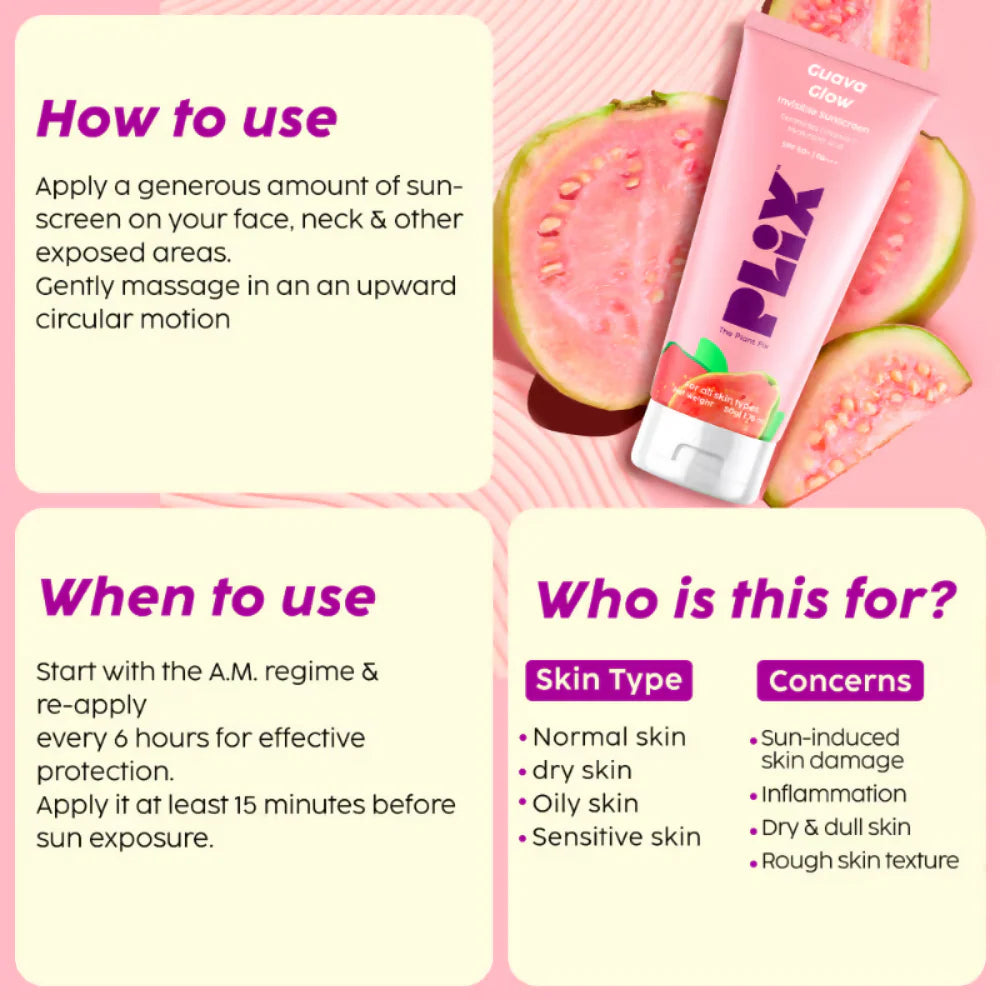 PLIX The Plant Fix Guava Glow Regime With Cleanser With 10% Vitamin C Serum & Invisible Sunscreen - combo