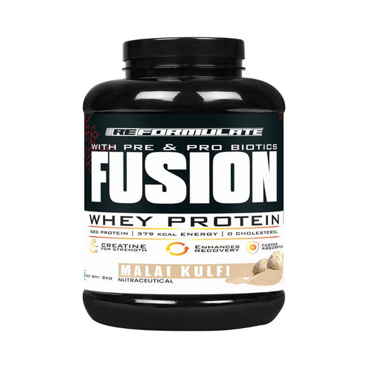 Reformulate Fusion Whey Protein With Pre & Pro Biotics I Muscle Growth I 58G Protein | 379 Kcal Energy - Malai Kulfi - 2 kg