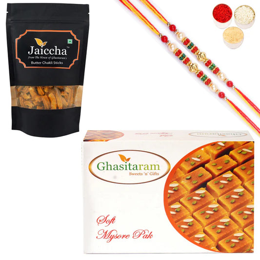 Ghasitaram Mysore Pak and Butter Chakli Sticks With 2 Pearl Beads Rakhis - Combo