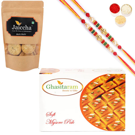 Ghasitaram Mysore Pak and Methi Mathi With 2 Pearl Beads Rakhis - Combo