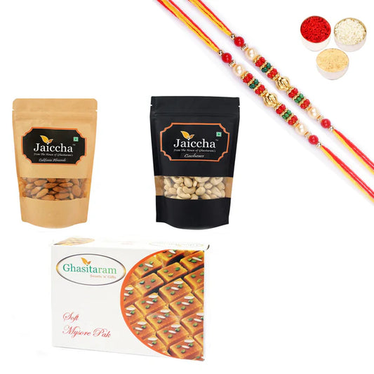 Ghasitaram Almonds,Cashews and Mysore Pak With Pearl Beads Rakhi - Combo