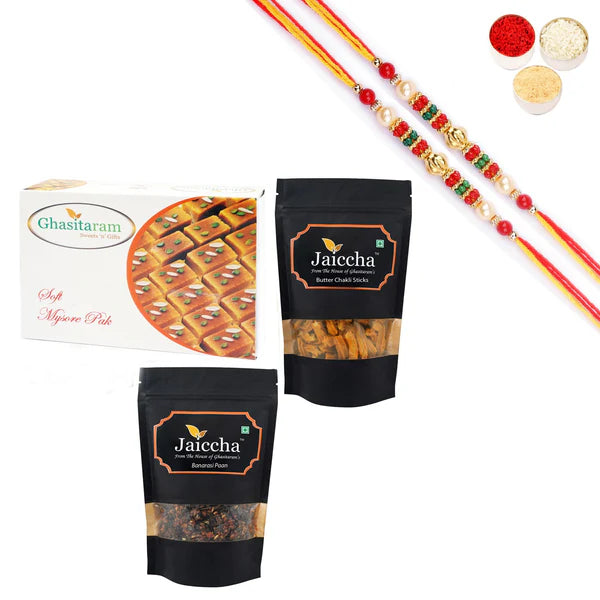 Ghasitaram Mysore Pak,Butter Chakli Sticks and Banarsi Paan With Pearl Beads Rakhi - Combo