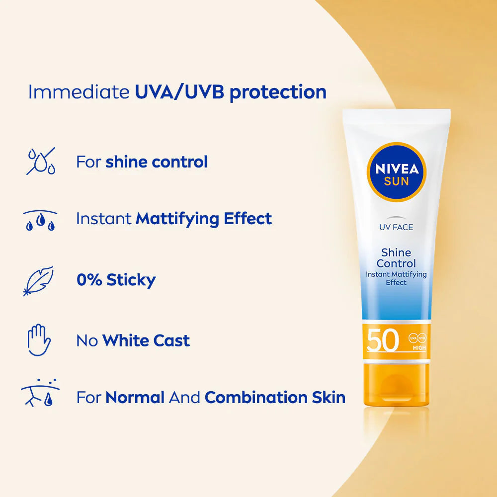Nivea Sun Shine Control SPF 50 Sunscreen Ultra Matte, No White Cast, Instant UV Protection - 50 ml