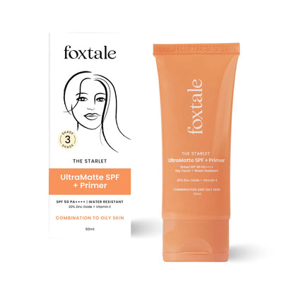 Foxtale Tinted Sunscreen SPF 50 PA++++ & Primer Shade 3 - Light, Water Resistant with Dry-Touch Finish, Blurs Out Pores