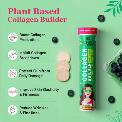 Chicnutrix Plant Based Collagen Builder Tablets for Youthful & Firm Skin -Blueberry Flavor