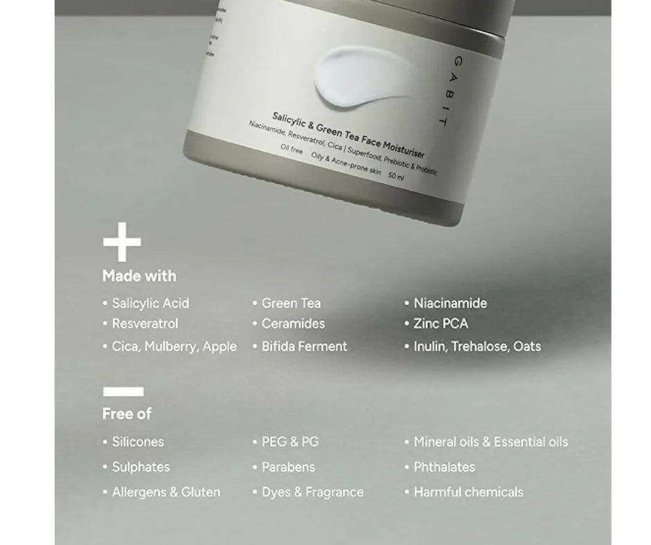 Gabit Salicylic Acid & Green Tea Face Moisturiser For Acne, Blackheads & Open Pores - 50 ml