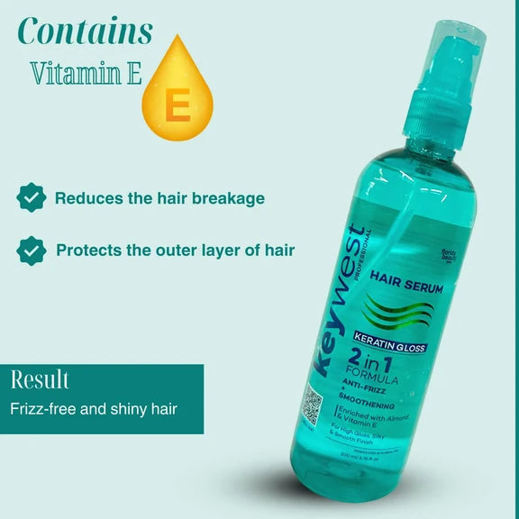 Keywest Professional Keratin Gloss Hair Serum - 2in1 Formula Anti-Frizz + Smoothening - 200 ml