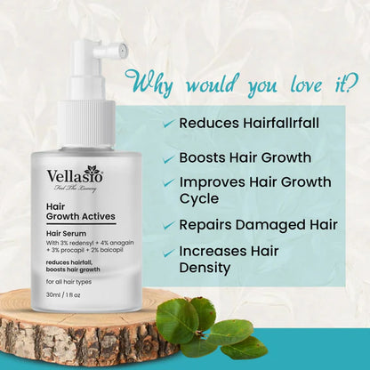 Vellasio Hair Growth Serum Actives - 3% Redensyl, 4% Anagain, 3% Procaoil, 2% Baicapil - 30 ml