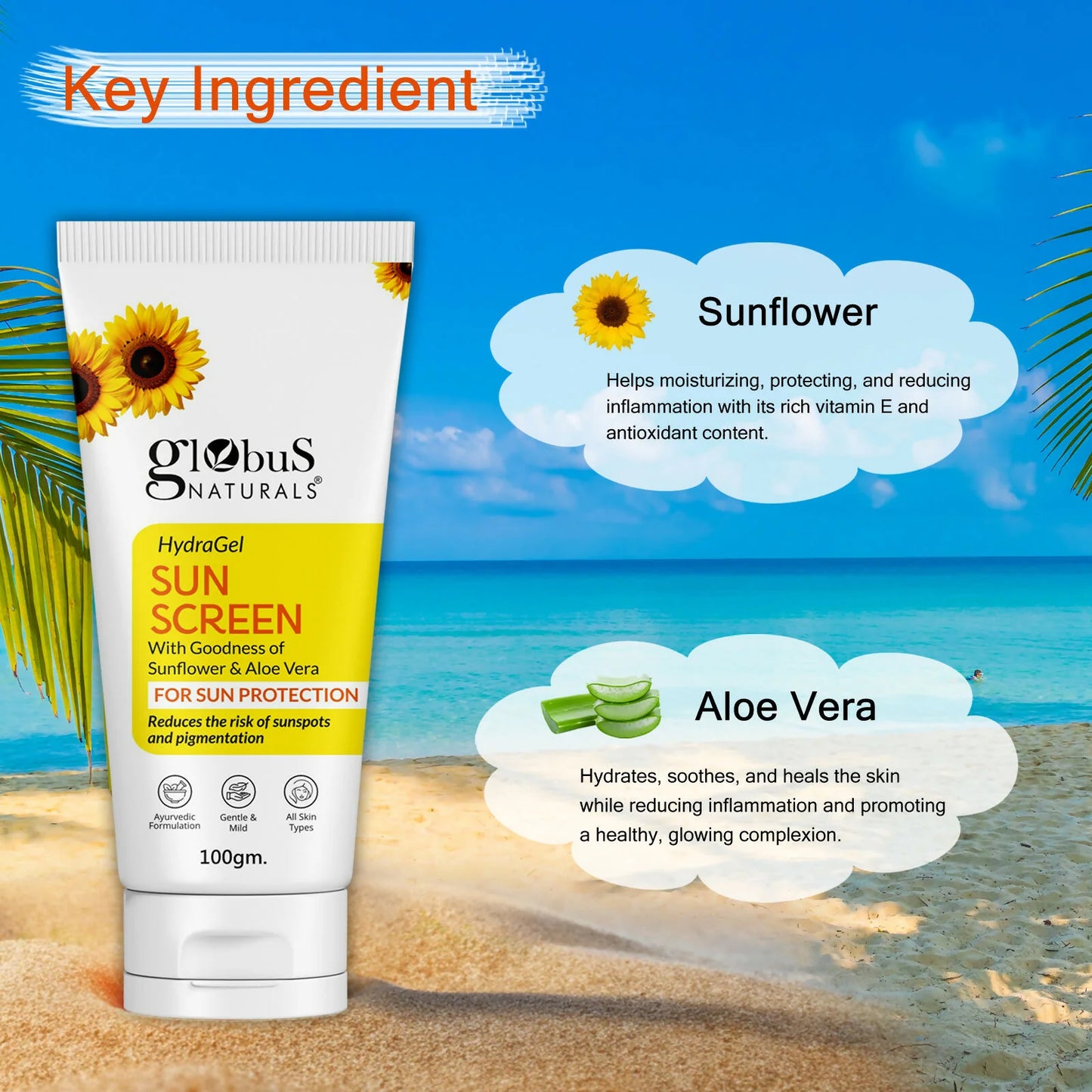 Globus Naturals Hydra Gel Sunscreen With Goodness of Sunflower & AloeVera For Sun Protection All Skin Types - 100 gm