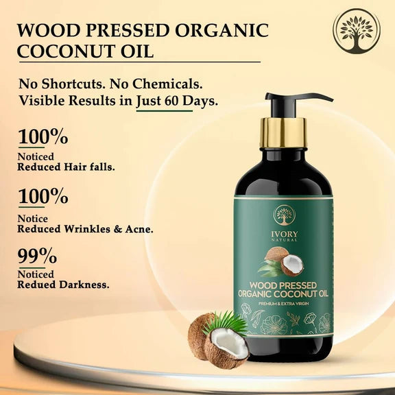 Ivory Natural Wood Pressed Organic Coconut Oil , Premium Extra Virgin Oil - For Radiant Skin, Hair Wellness & Baby Care - 200 ml