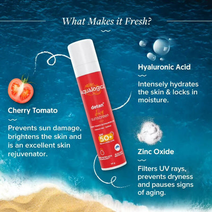 Aqualogica Detan + Dewy Sunscreen With Cherry Tomato & Hyaluronic Acid, SPF 50+ & PA++++ - 50 gm